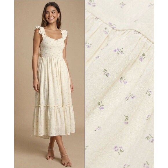 American Eagle Outfitters Dresses & Skirts - American Eagle Midi Long Dress Ivory Ruffle Smocked Floral Tiered Cottage SMALL